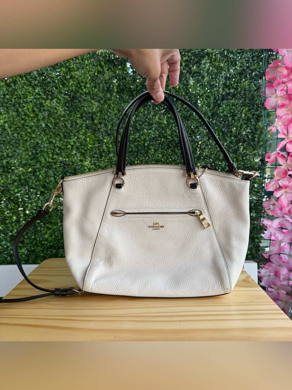 Coach F33825 Ivory Pebbled Leather Satchel Crossbody Bag Black Golds